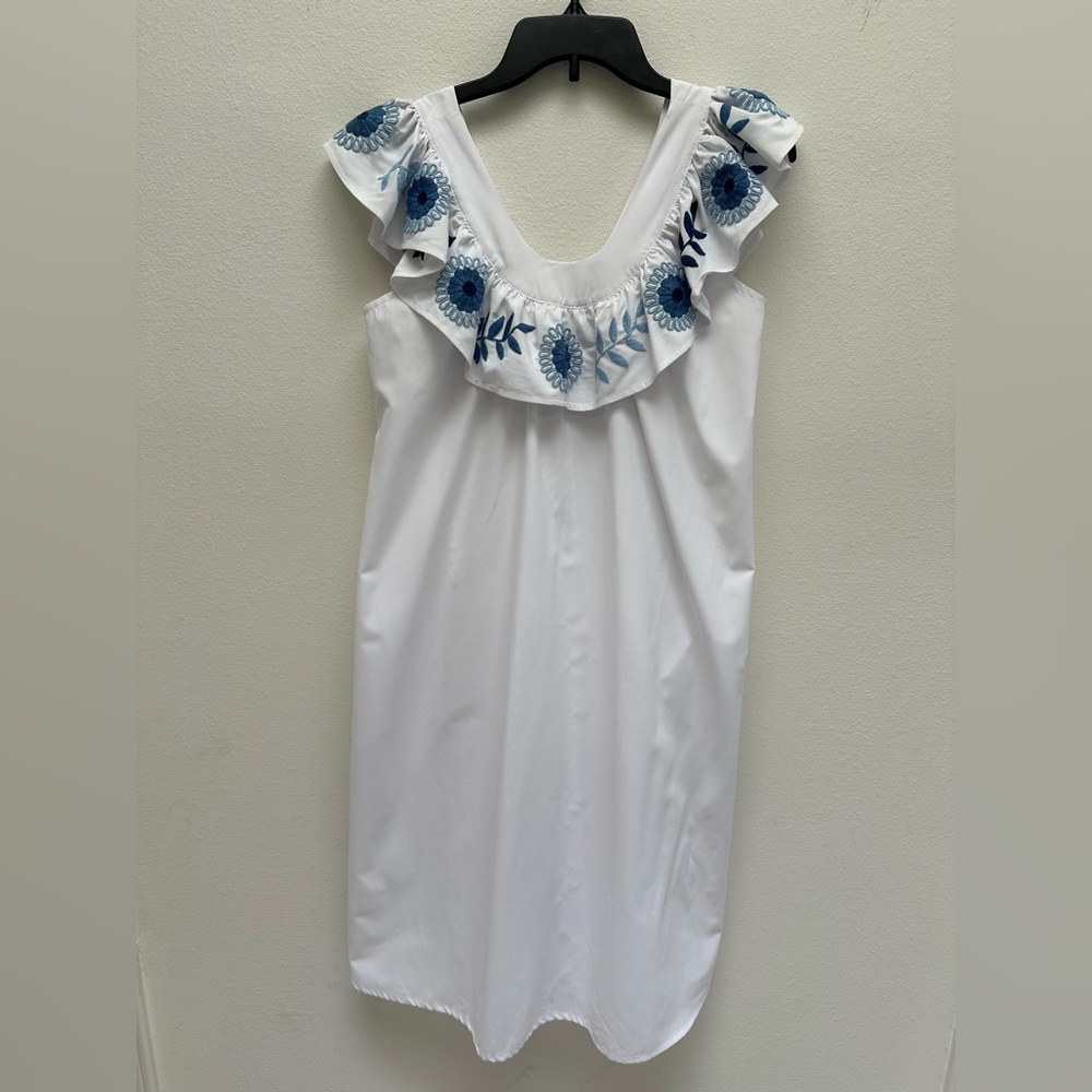 Mi Golondrina White Dress with Blue Floral Embroidery
